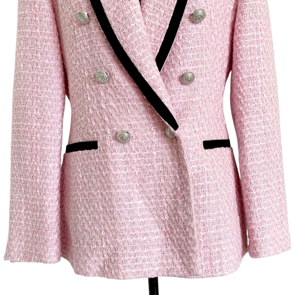 SOLD Zara Tweed pink Double Breasted Blazer Jacket L Structured contrast Black - Picture 6 of 17